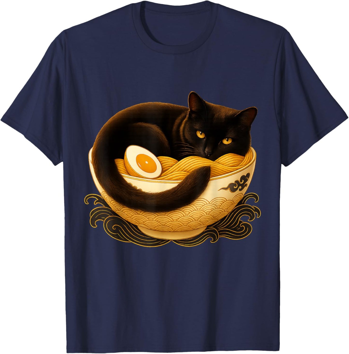 Japanese Ramen Bowl with Retro Black Cat Pattern T-Shirt - T-Shirt | Navy