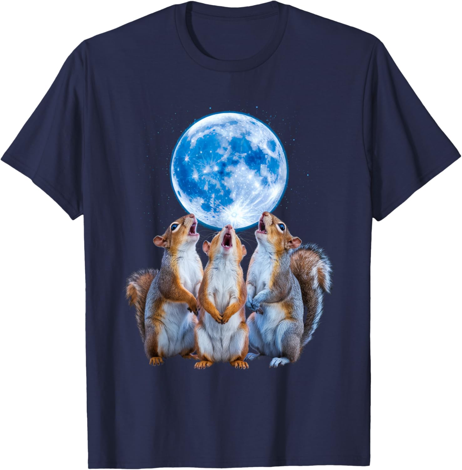 Three Squirrels Howling At The Moon, 3 Squirrel Moon T-Shirt - T-Shirt | Navy