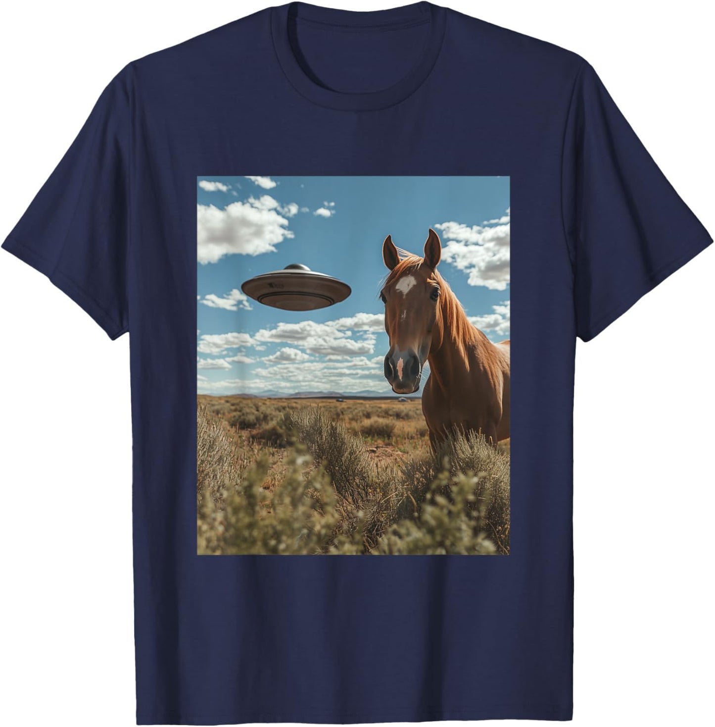 Horse Selfie with UFOs Aliens Funny Graphic T-Shirt - T-Shirt | Navy