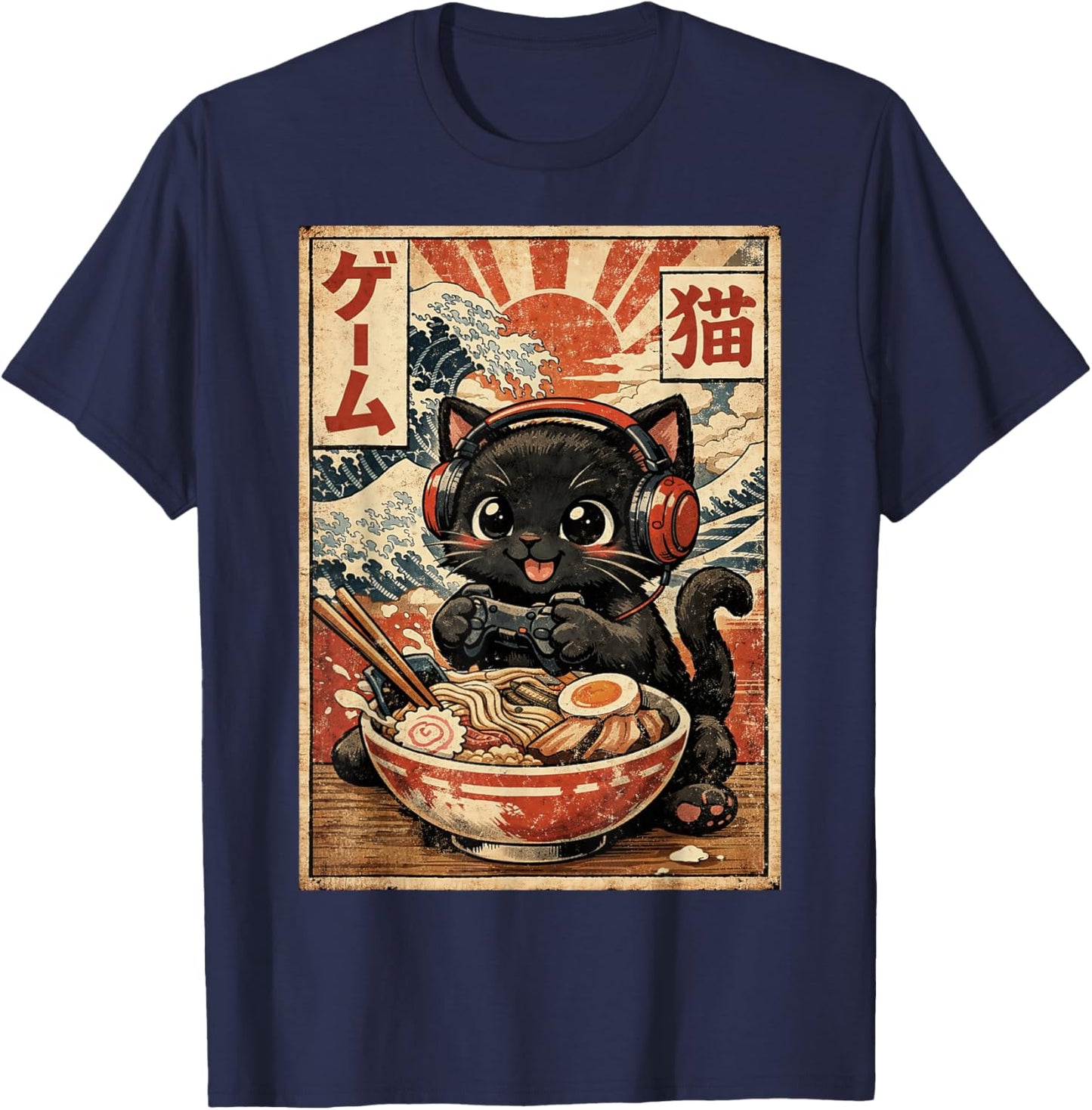 Funny Cute Gamer Cat Ramen Kawaii Japanese Ukiyo-e Art Anime T-Shirt - T-Shirt | Navy