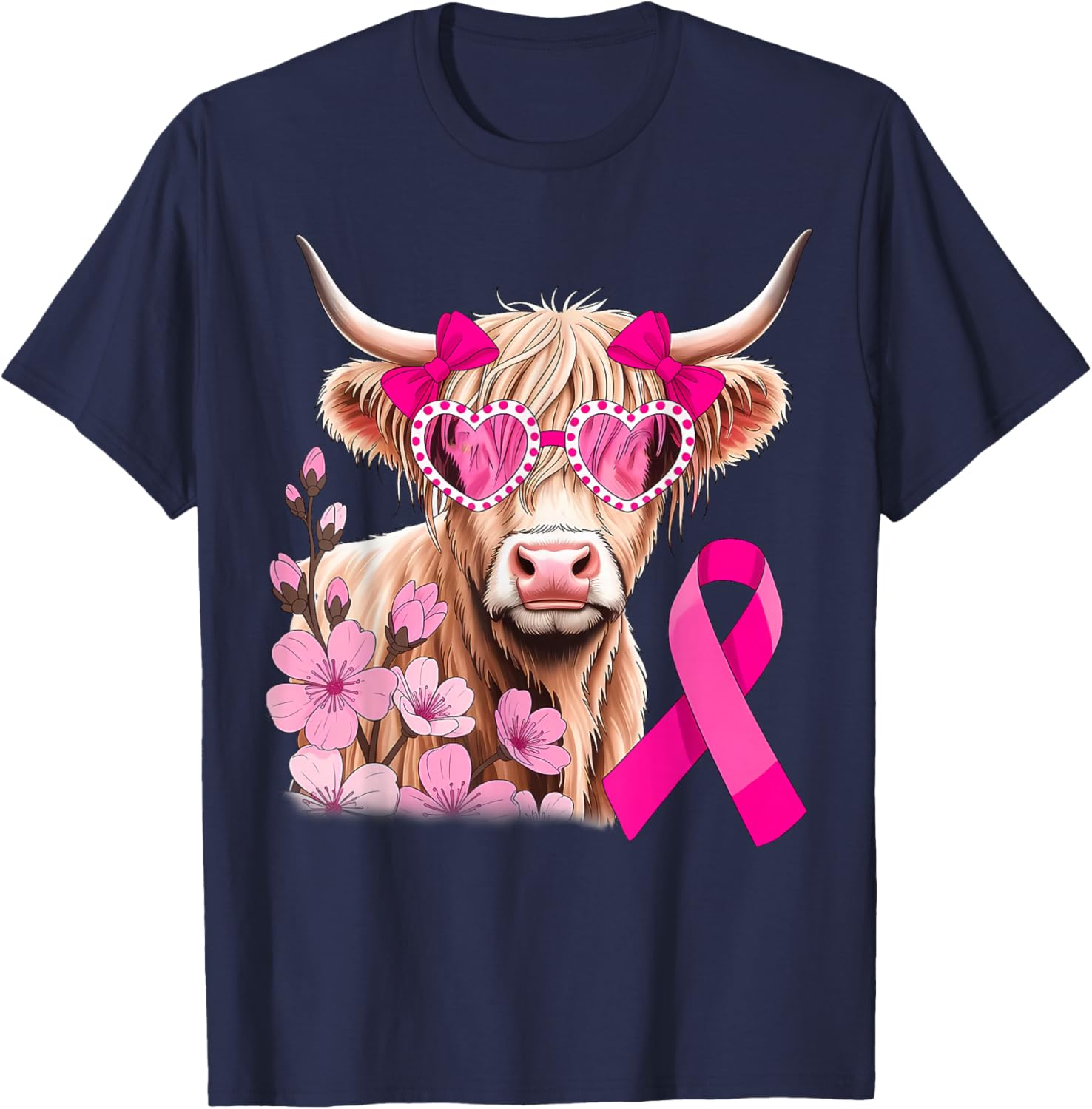 Highland Cow in October We Wear Pink Breast Cancer Awareness T-Shirt - T-Shirt | Navy