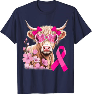 Highland Cow in October We Wear Pink Breast Cancer Awareness T-Shirt - T-Shirt | Navy