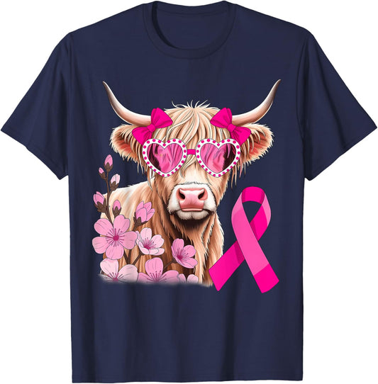 Highland Cow in October We Wear Pink Breast Cancer Awareness T-Shirt - T-Shirt | Navy