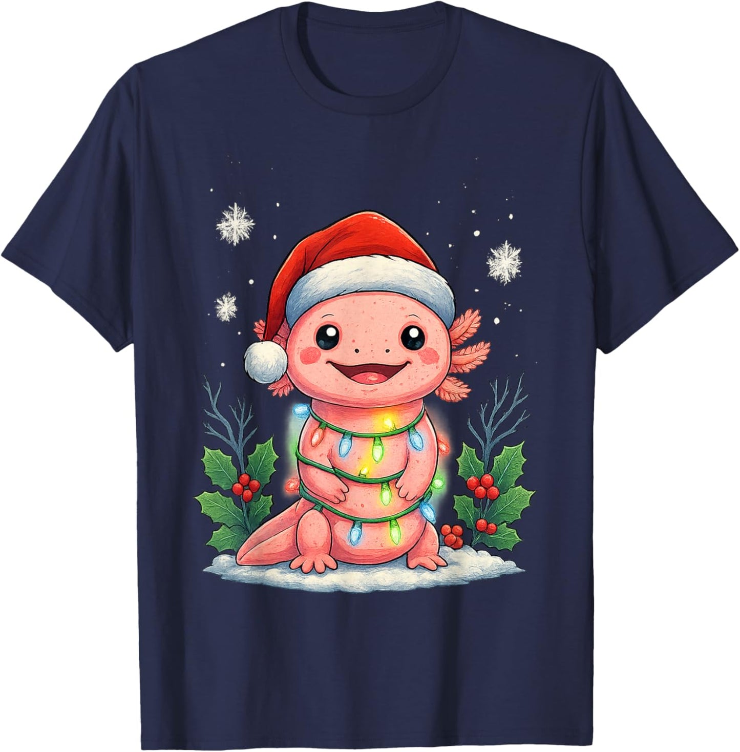 Girls Axolotl Christmas Santa Hat Funny Xmas Pajamas Kids T-Shirt - T-Shirt | Navy