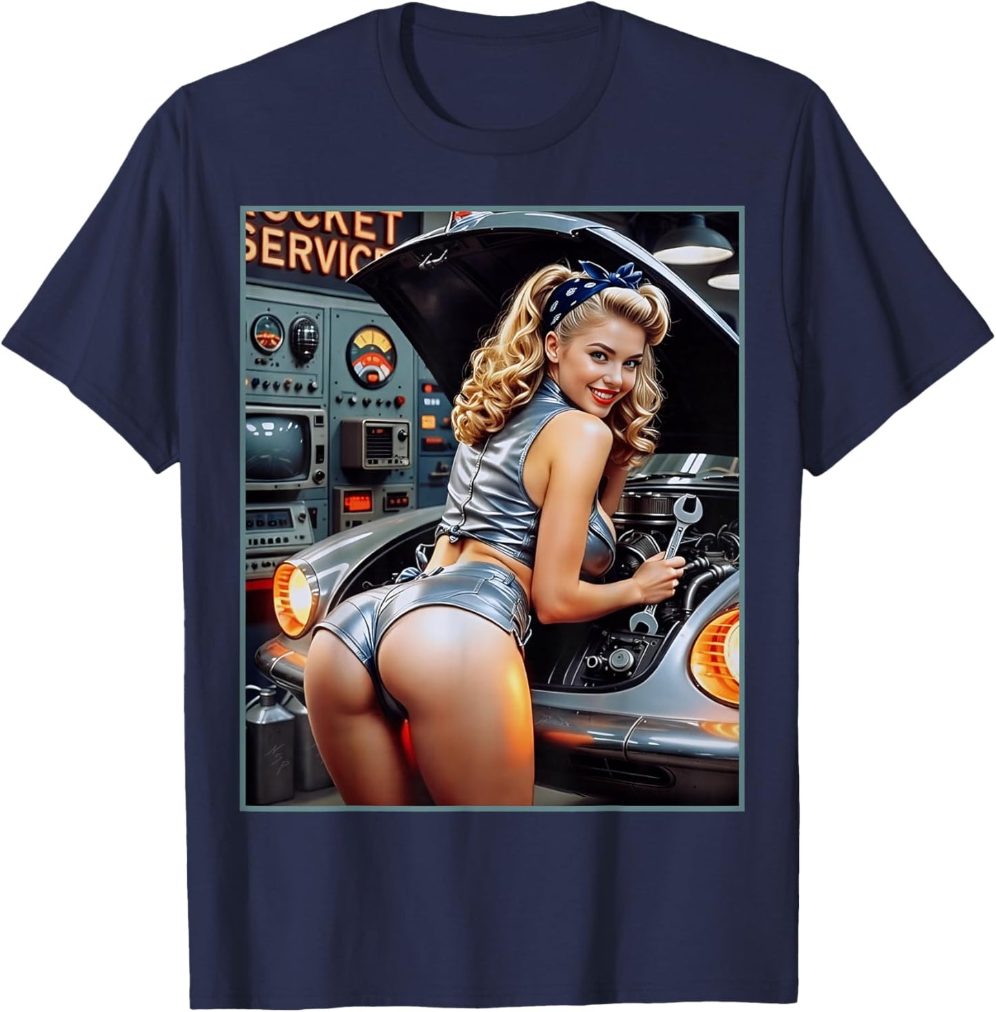 pour Homme Pinup Girl - Sexy Blonde Mechanic Pinup Girl T-Shirt - T-Shirt | Navy