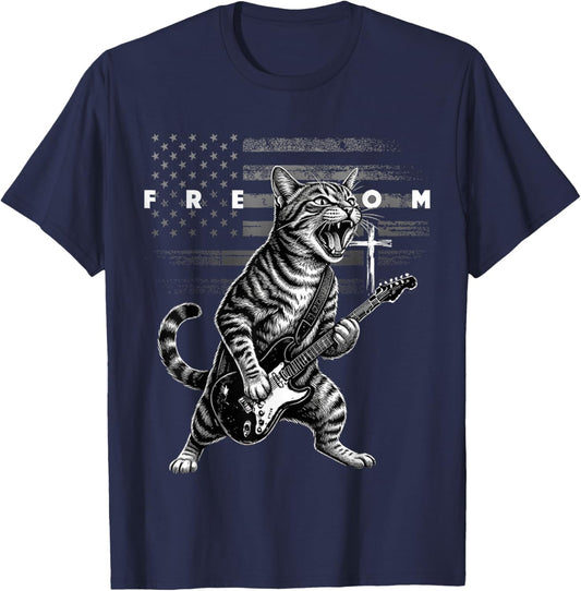 Freedom Cross USA Flag Funny Cat Playing Guitar T-Shirt - T-Shirt | Navy