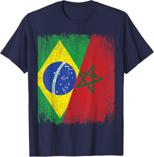 Half Brazil Morocco Split Flag Brazilian Moroccan Roots T-Shirt - T-Shirt | Navy