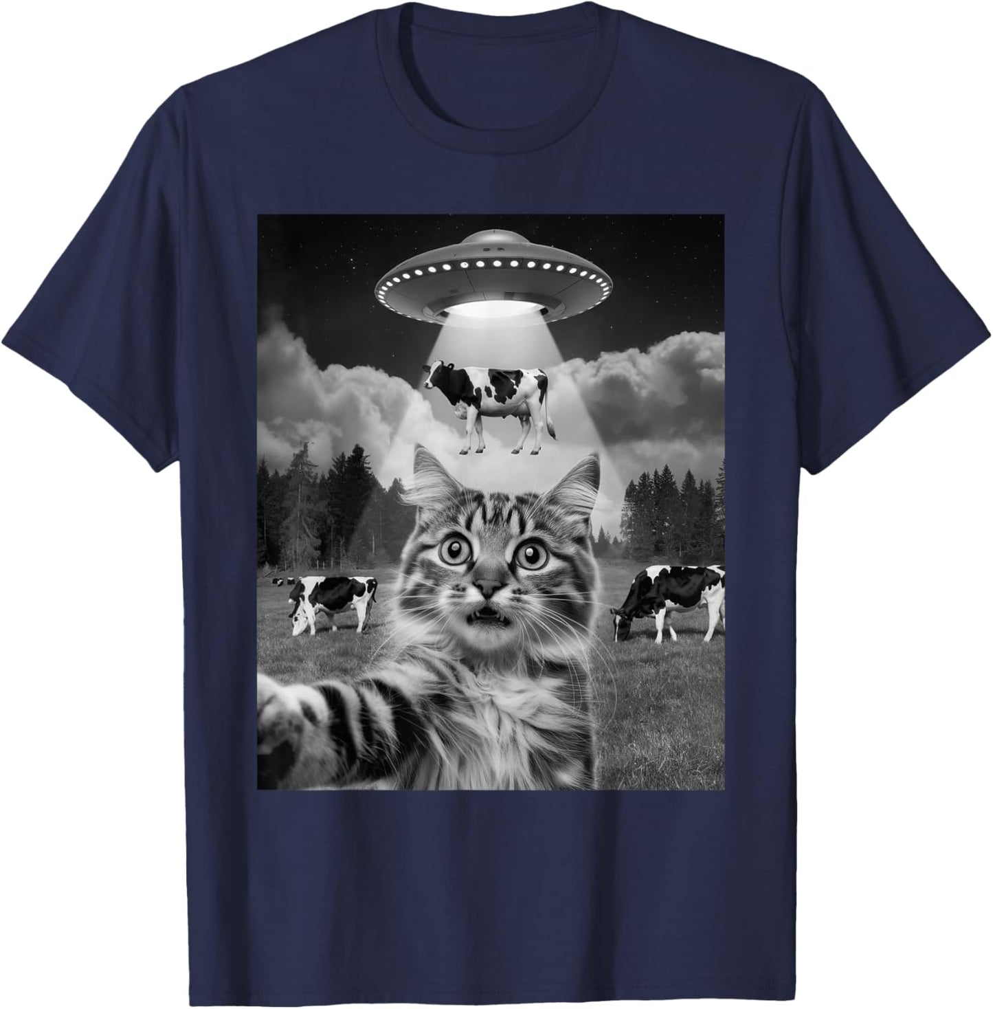 Cat Selfie Flying Alien UFO Cow Lover Men Women Kids T-Shirt - T-Shirt | Navy