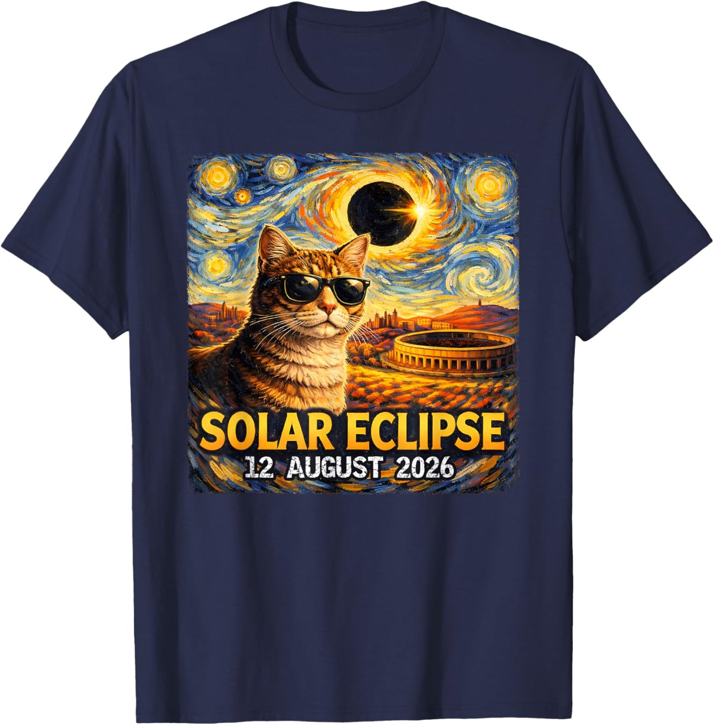 Total Solar Eclipse August 12, 2026 Funny Cat Starry Night T-Shirt - T-Shirt | Navy