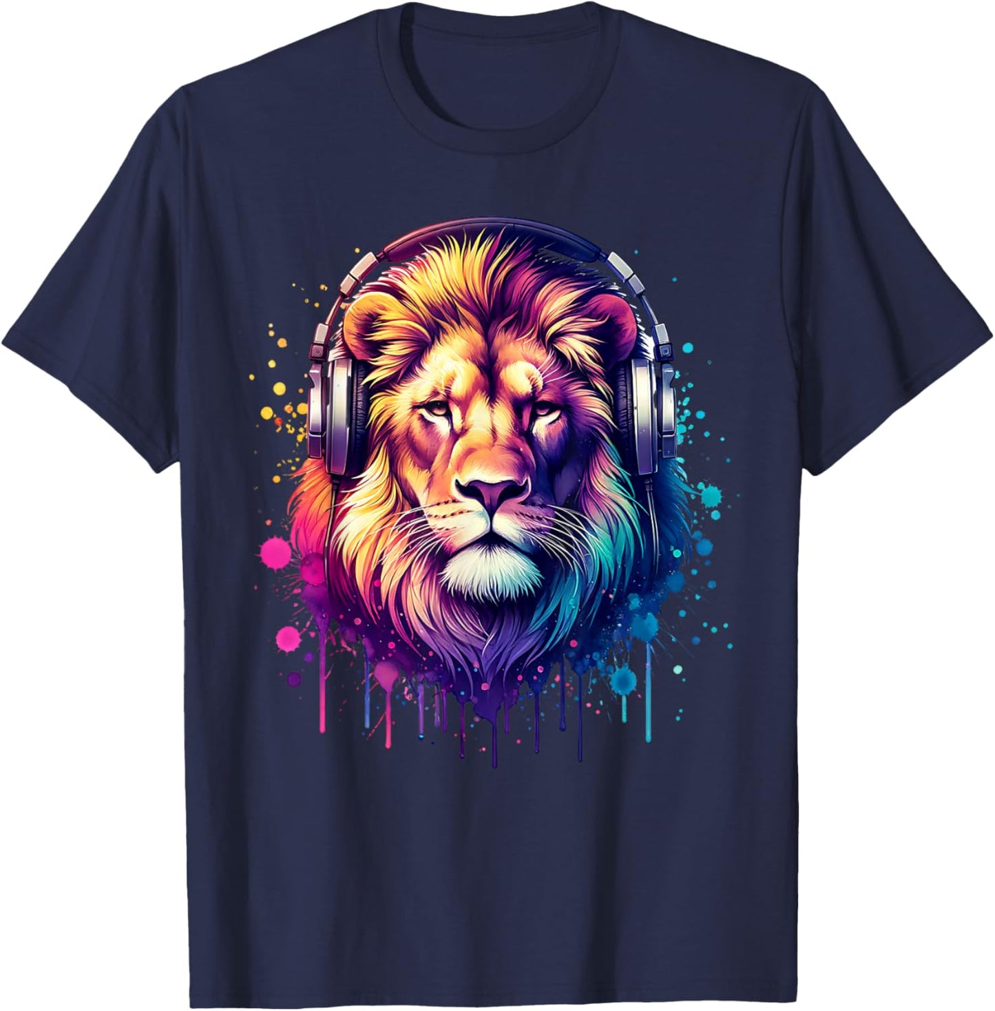 Lion With Headphones T-Shirt - T-Shirt | Navy
