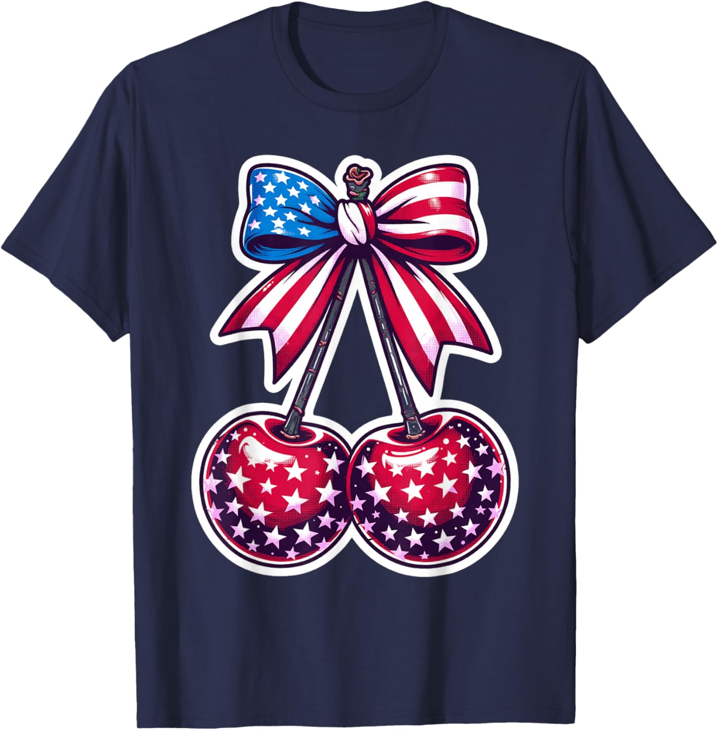 Patriotic Cherry Bow USA Flag Cherries 4th of July T-Shirt - T-Shirt | Navy