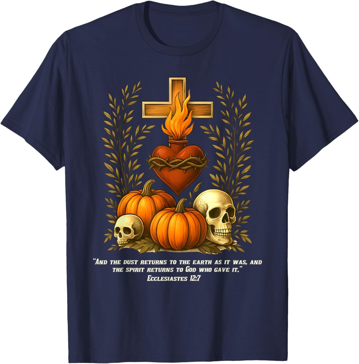 Sacred Heart Halloween Jesus Skulls Pumpkins Christian Cross T-Shirt - T-Shirt | Navy