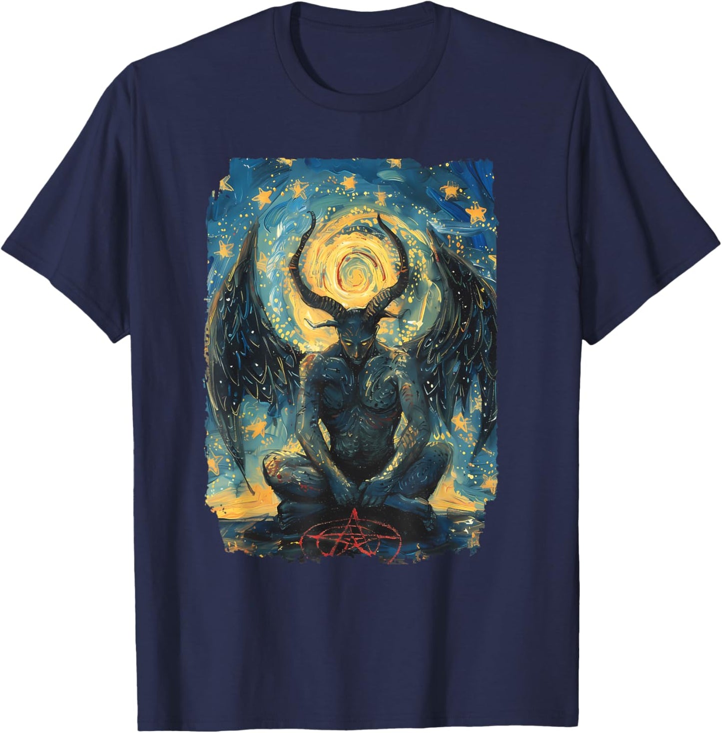 Occult Baphomet Starry Nights Goat Pentagram T-Shirt - T-Shirt | Navy