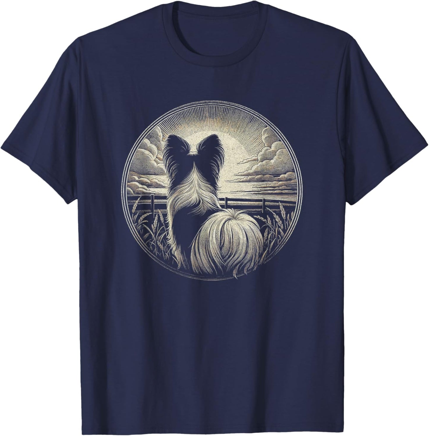 Vintage Papillon Dog Nature Scene Graphic Art Design T-Shirt - T-Shirt | Navy