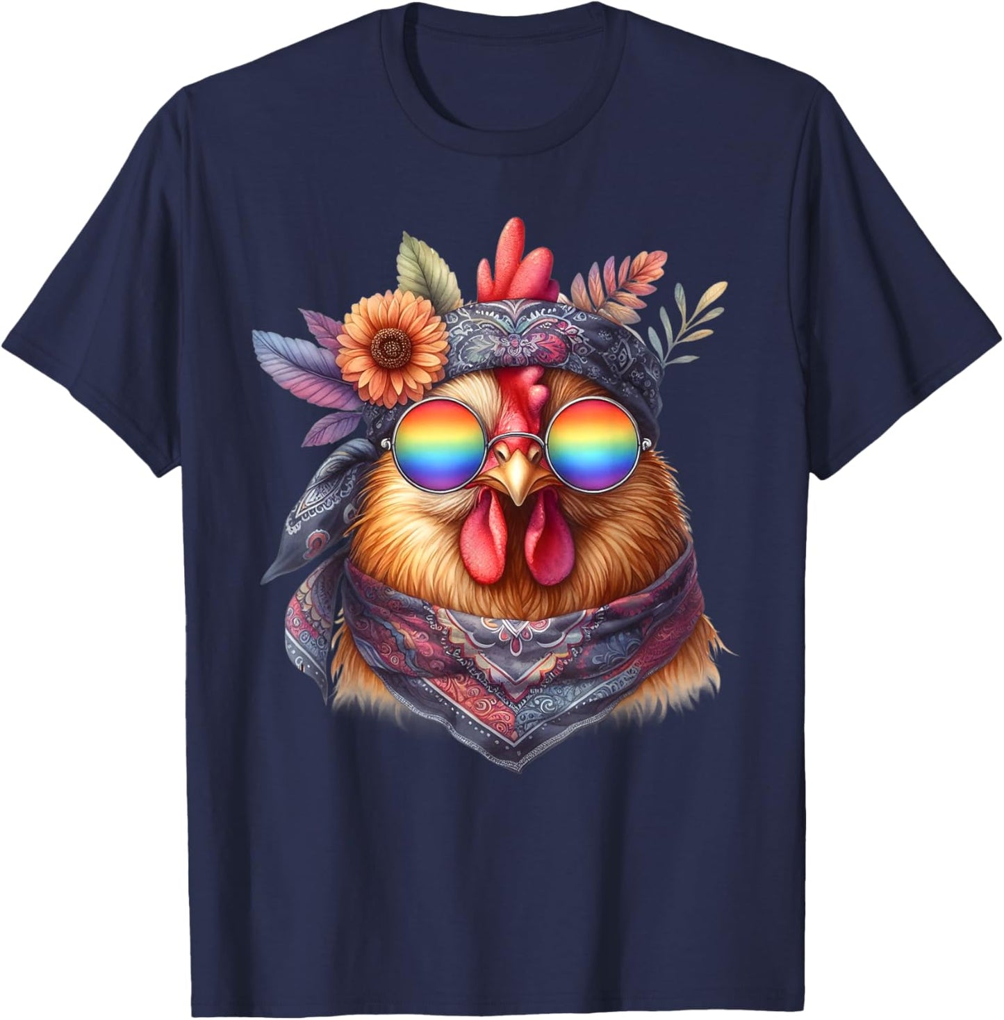 Cute Hippie Chicken with Glasses and Bandana T-Shirt - T-Shirt | Navy