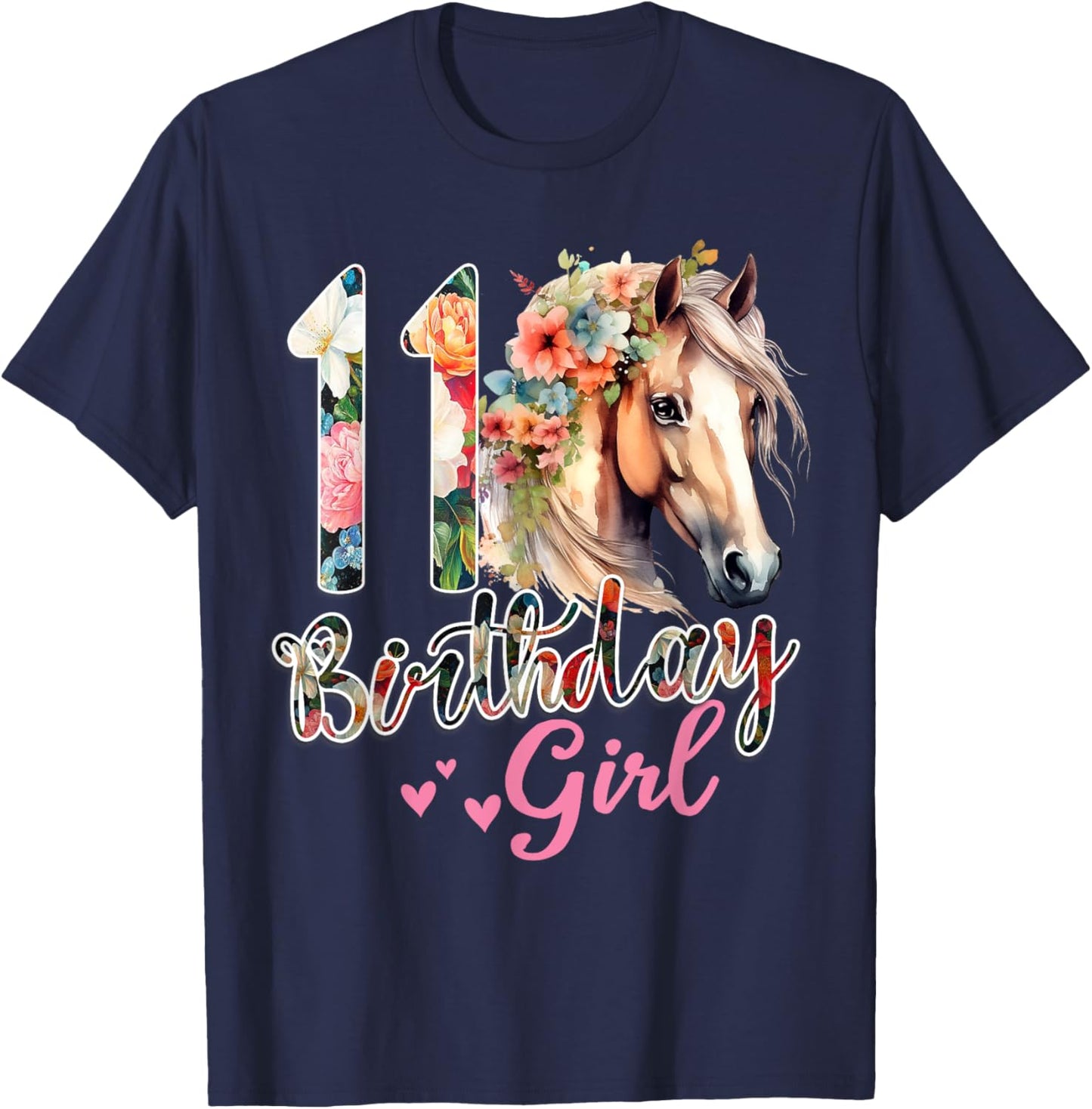 11th Birthday Horse 11 Years Old Birthday Girl T-Shirt - T-Shirt | Navy