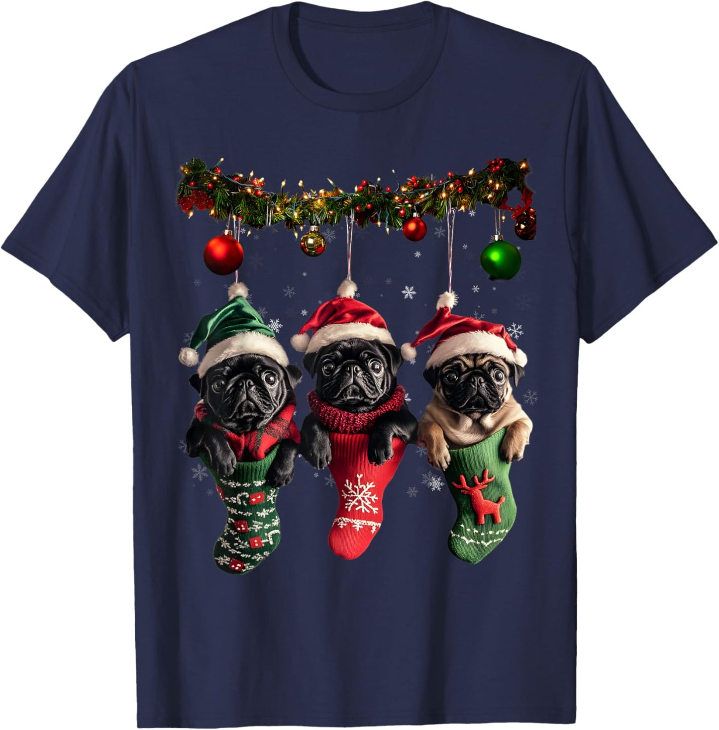 Black Pug Christmas Lights Funny Xmas Dog Lover T-Shirt - T-Shirt | Navy