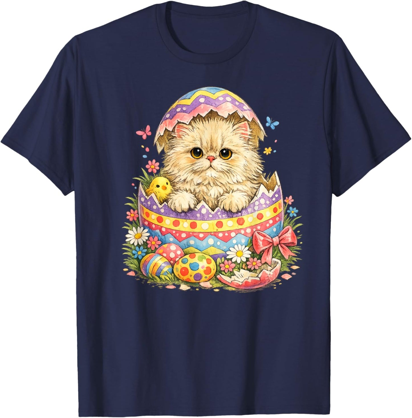 Persian Cat Easter Egg Hatched | Cute Kitten Surprise T-Shirt - T-Shirt | Navy