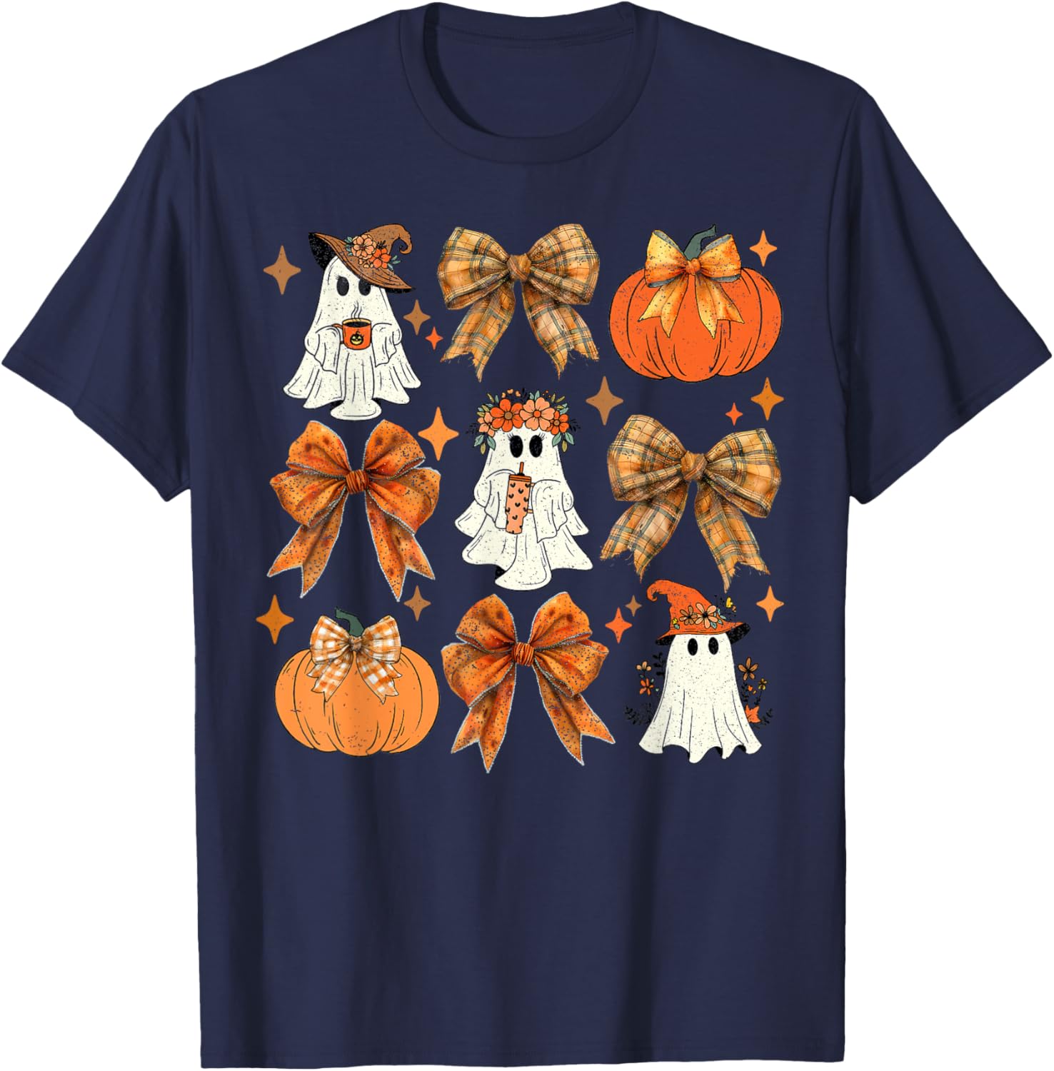 Funny Halloween Fall Coquette Bow Pumpkin Cute Ghost Costume T-Shirt - T-Shirt | Navy