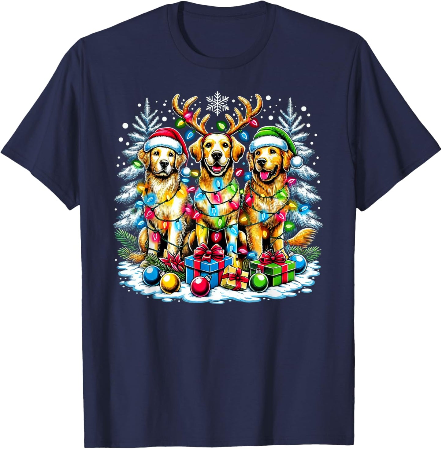 Golden Retriever Funny Christmas Dogs Santa Claus Hat Xmas T-Shirt - T-Shirt | Navy