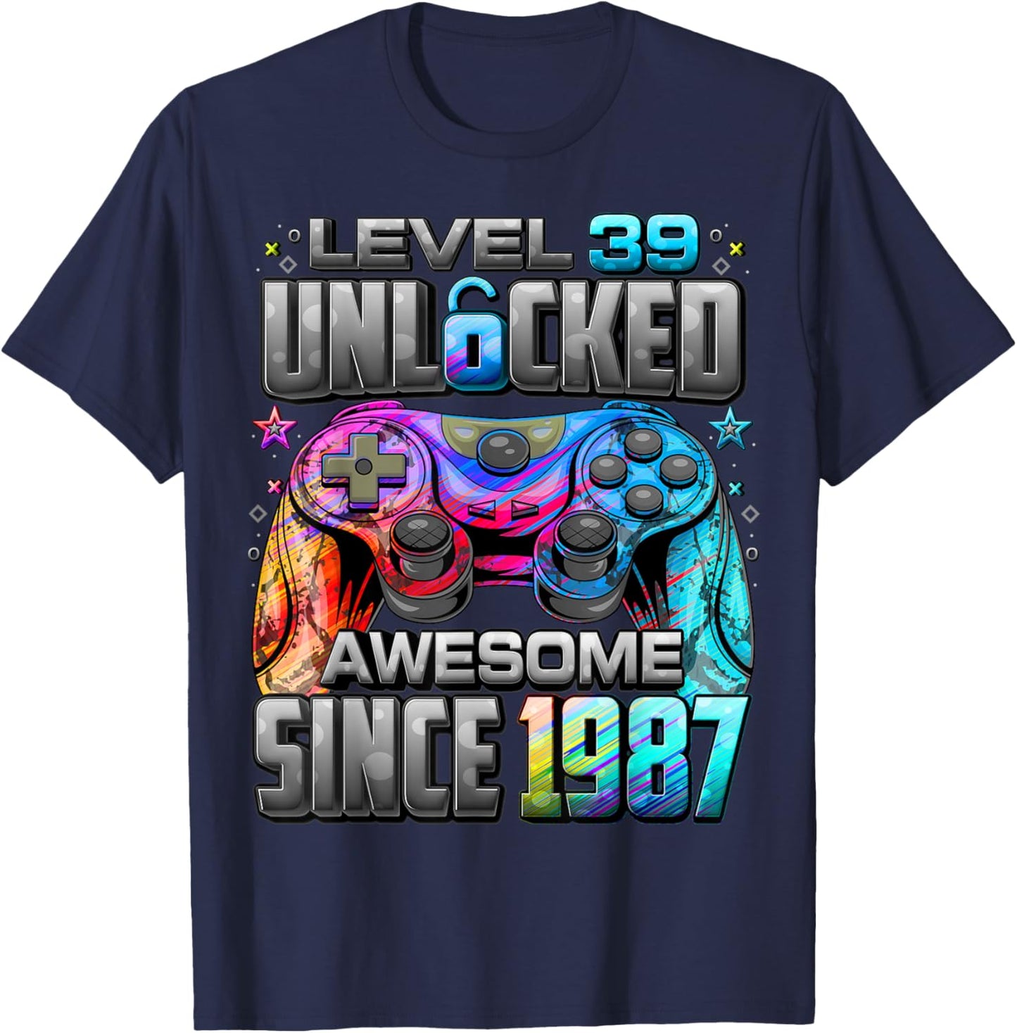 Level 39 Unlocked Awesome Since 1987 39th Birthday Gaming T-Shirt - T-Shirt | Navy