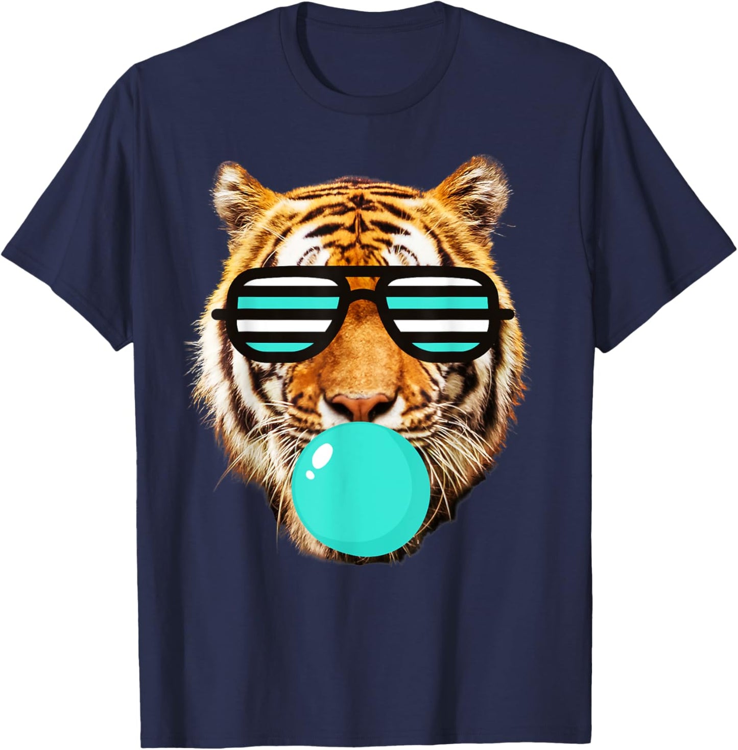 Turquoise bubble Gum tiger Stripe Cute Tiger with Sunglasses T-Shirt - T-Shirt | Navy