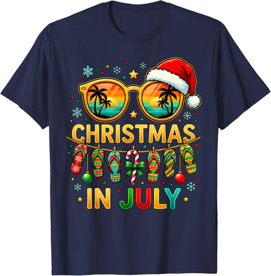 Christmas in July Sunglasses Beach Santa Hat Men Women Kid T-Shirt - T-Shirt | Navy