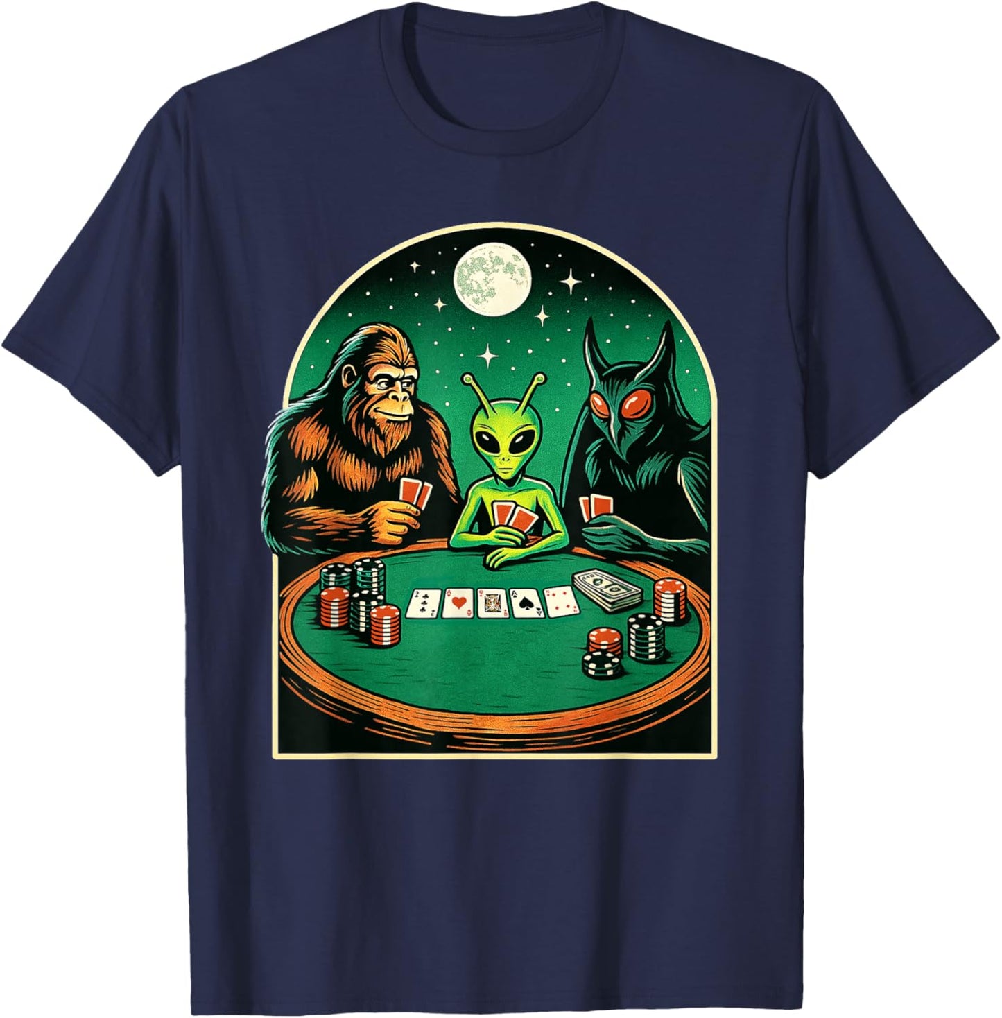 Poker Design Men Women Bigfoot Alien Mothman Playing Poker T-Shirt - T-Shirt | Navy