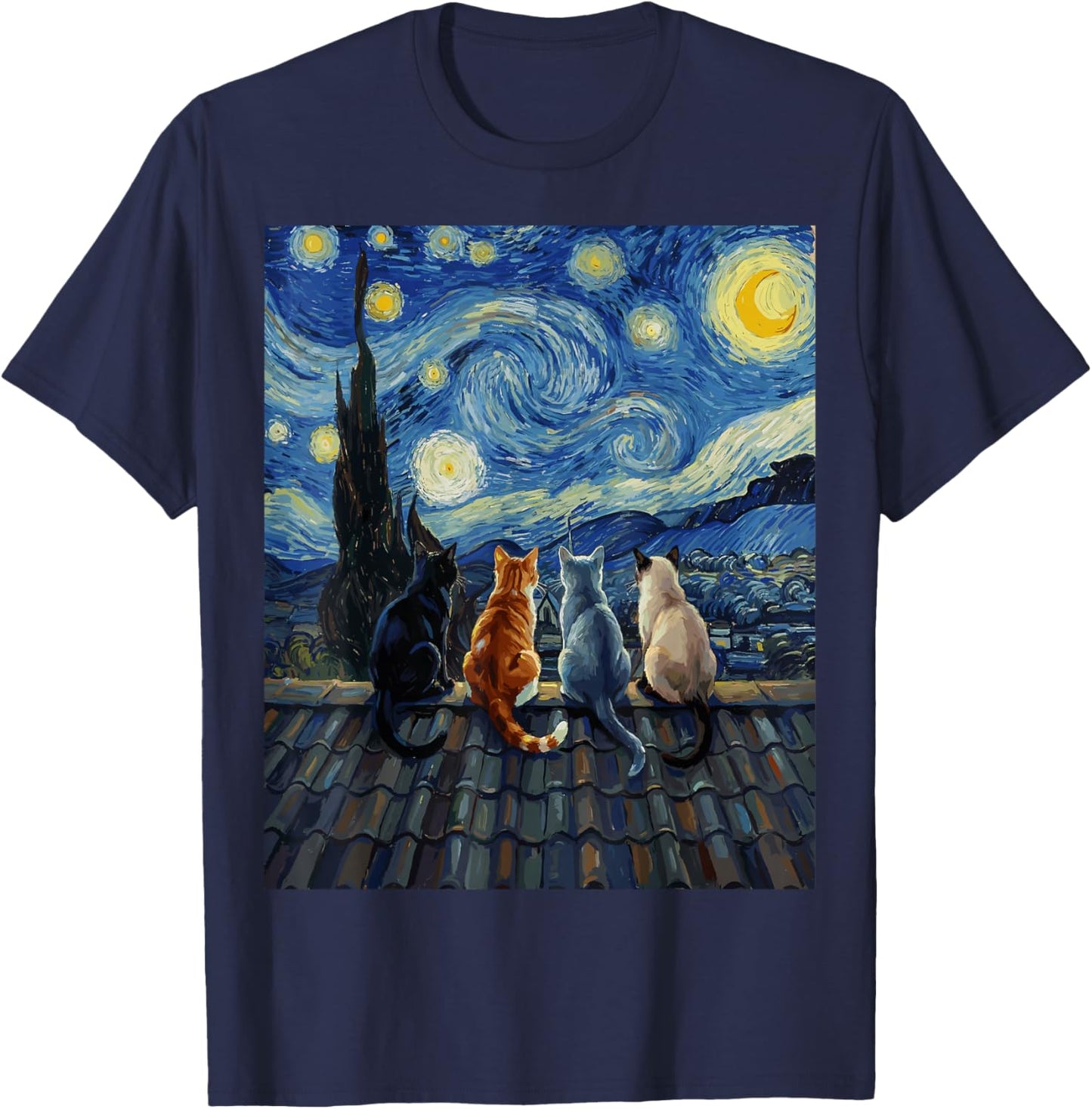Cat Starry Night Van Gogh Funny T-Shirt - T-Shirt | Navy