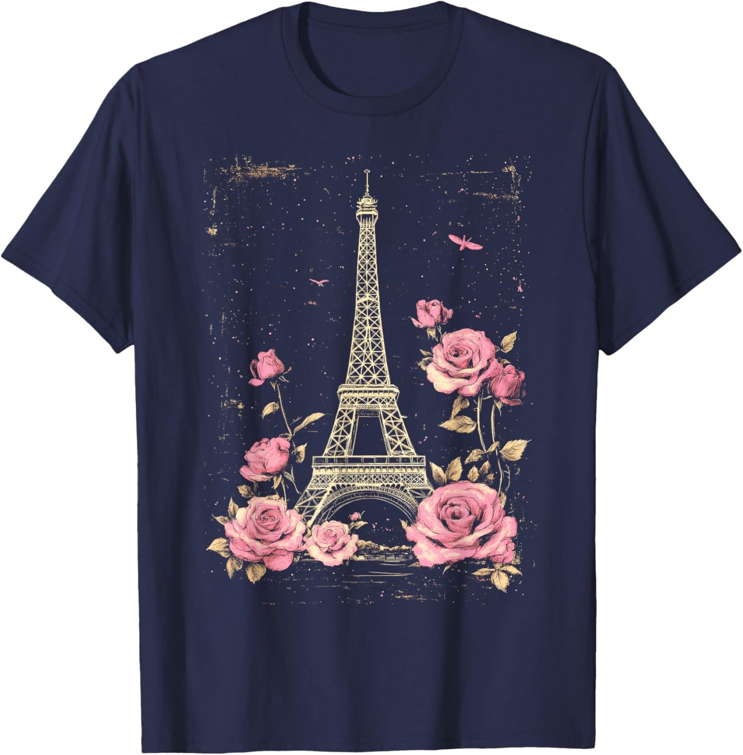 Vintage Paris Eiffel Tower Witn Pink Roses Floral T-Shirt - T-Shirt | Navy