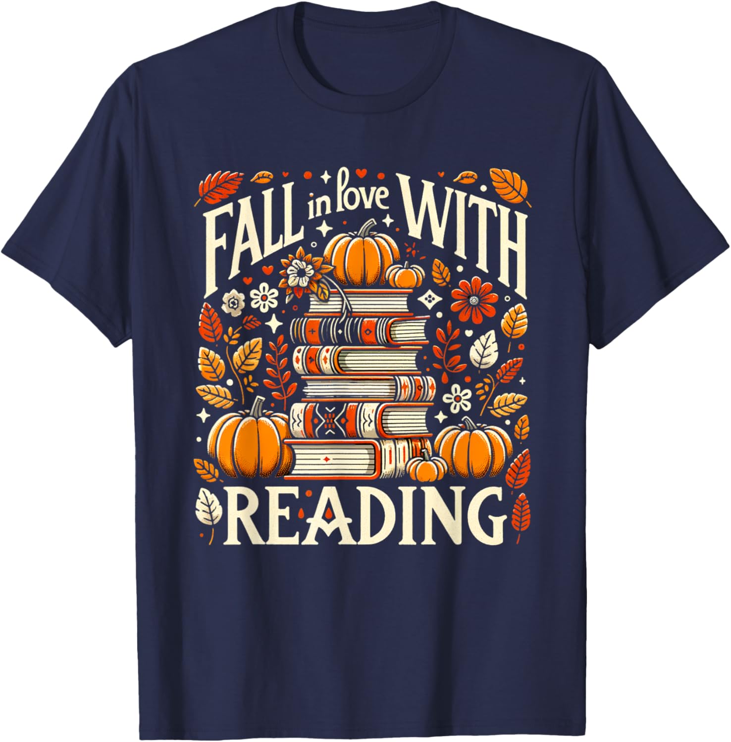 Fall In Love With Reading Book Autumn Pumpkins And Teachers T-Shirt - T-Shirt | Navy