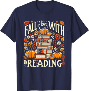 Fall In Love With Reading Book Autumn Pumpkins And Teachers T-Shirt - T-Shirt | Navy