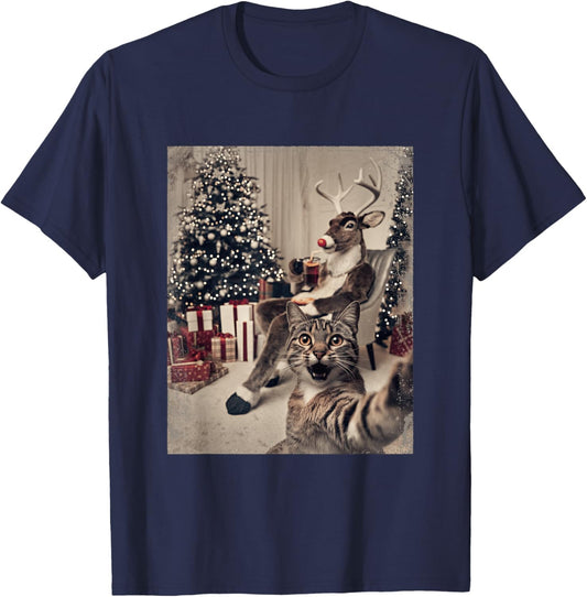 Funny Xmas Cat Selfie Reindeer Ugly Sweater Christmas Outfit T-Shirt - T-Shirt | Navy