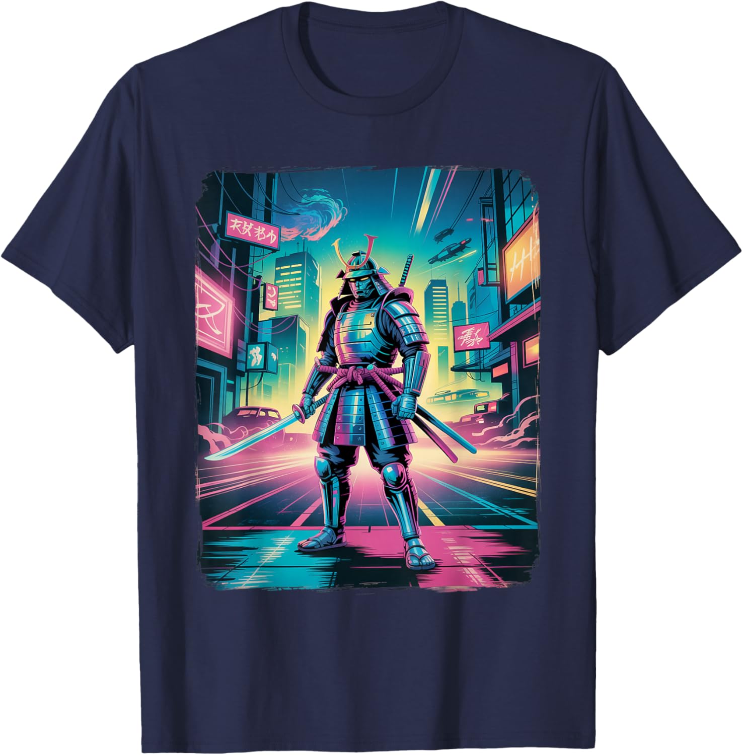 Vintage Retro 90s Airbrushed Samurai T-Shirt - T-Shirt | Navy