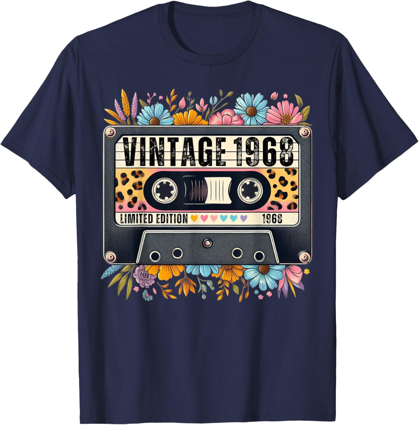 Vintage 1968 Birthday Cassette Tape Floral Women Mom Grandma T-Shirt - T-Shirt | Navy
