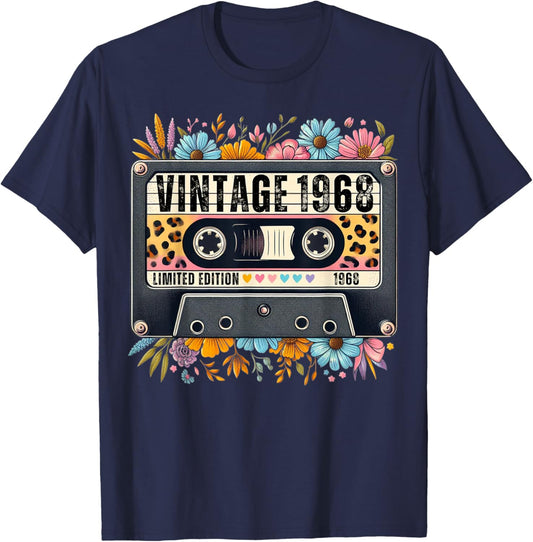 Vintage 1968 Birthday Cassette Tape Floral Women Mom Grandma T-Shirt - T-Shirt | Navy