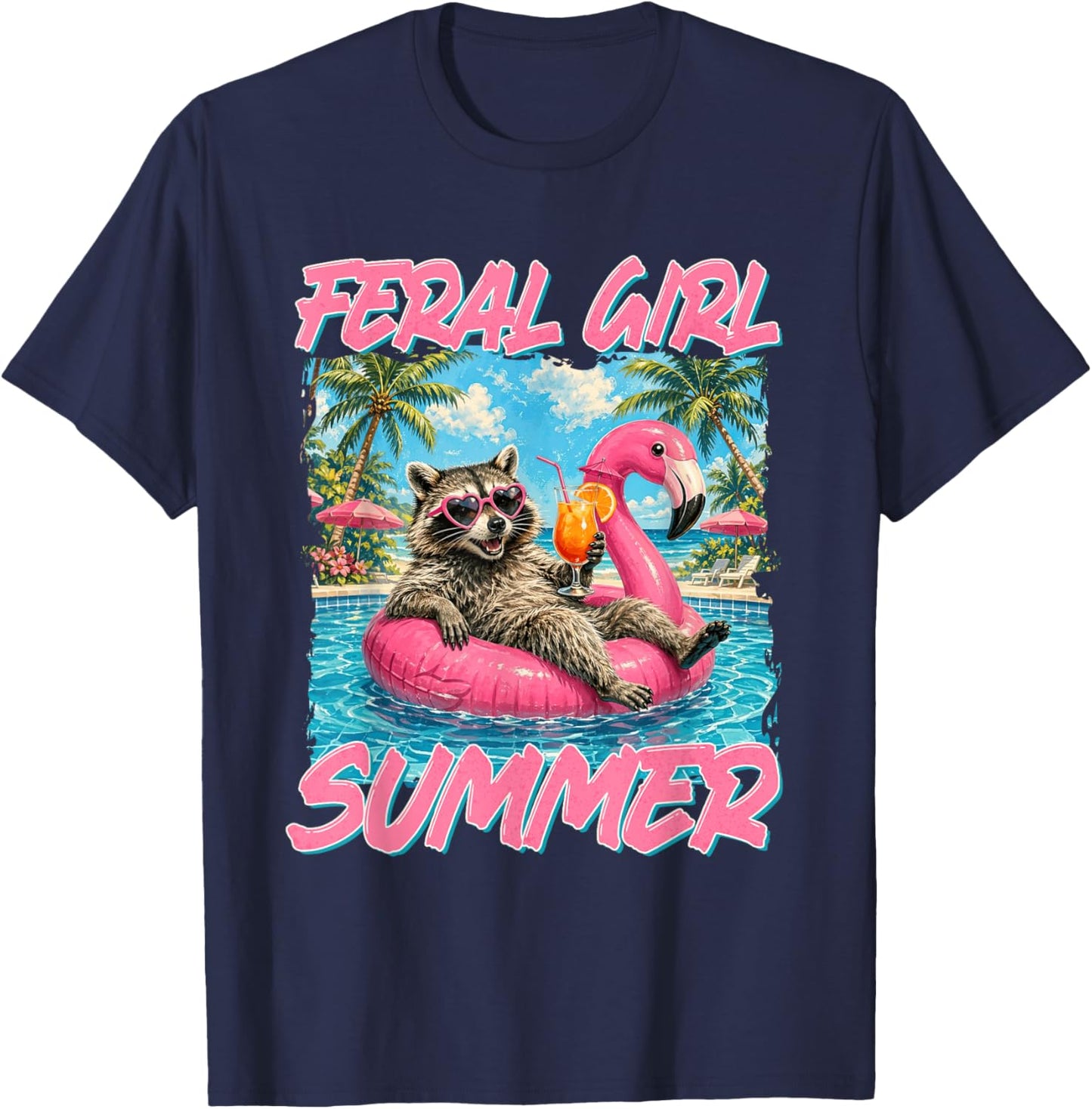 Feral Girl Summer Vibes Raccoon Beach Vacation Girls Trip T-Shirt - T-Shirt | Navy