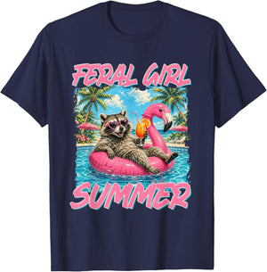 Feral Girl Summer Vibes Raccoon Beach Vacation Girls Trip T-Shirt - T-Shirt | Navy