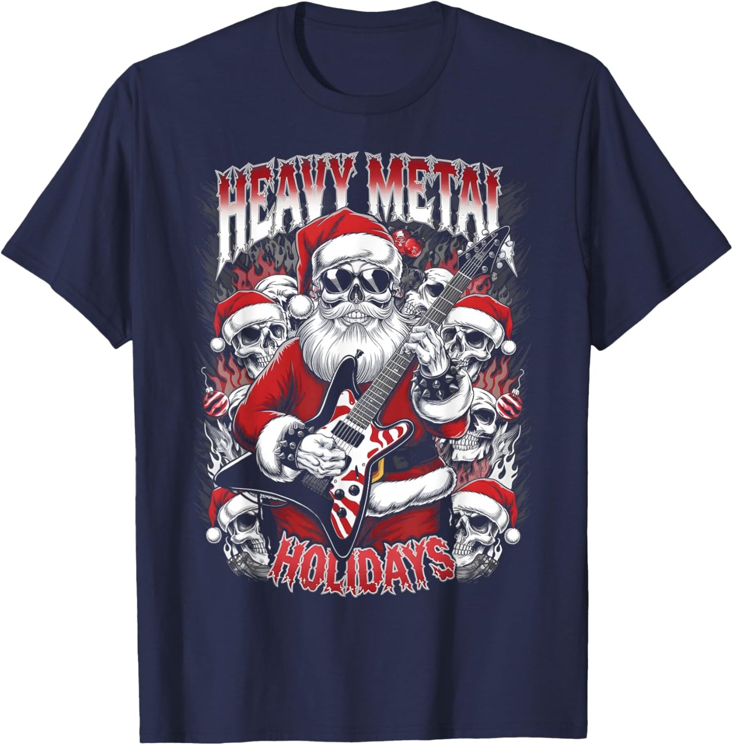 Heavy Metal Holidays Christmas Santa Metalhead Guitarist T-Shirt - T-Shirt | Navy