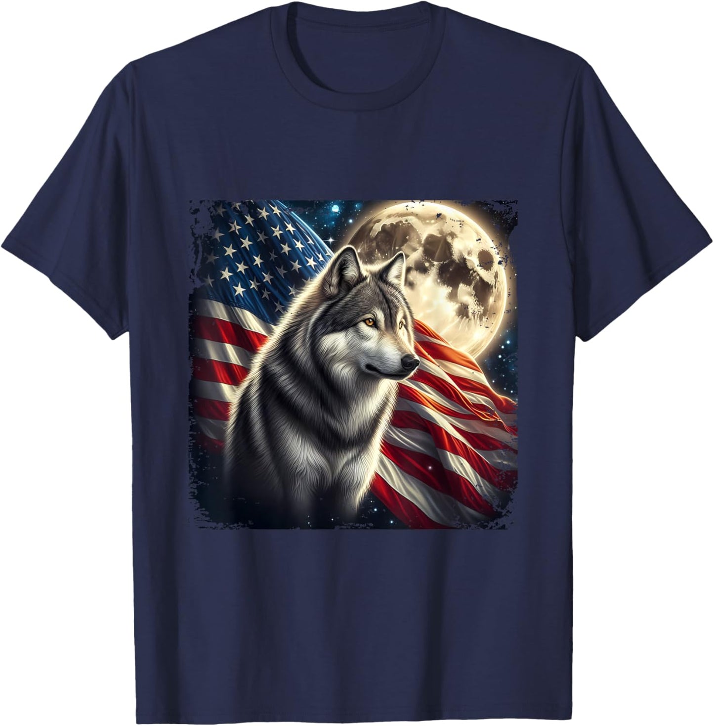 Wolf 4th of July American Flag Alpha Wolf Under Moon T-Shirt - T-Shirt | Navy