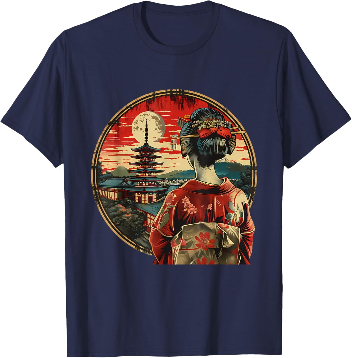 Japanese Geisha Pagoda Geisha Girl Kimono Traditional Art T-Shirt - T-Shirt | Navy