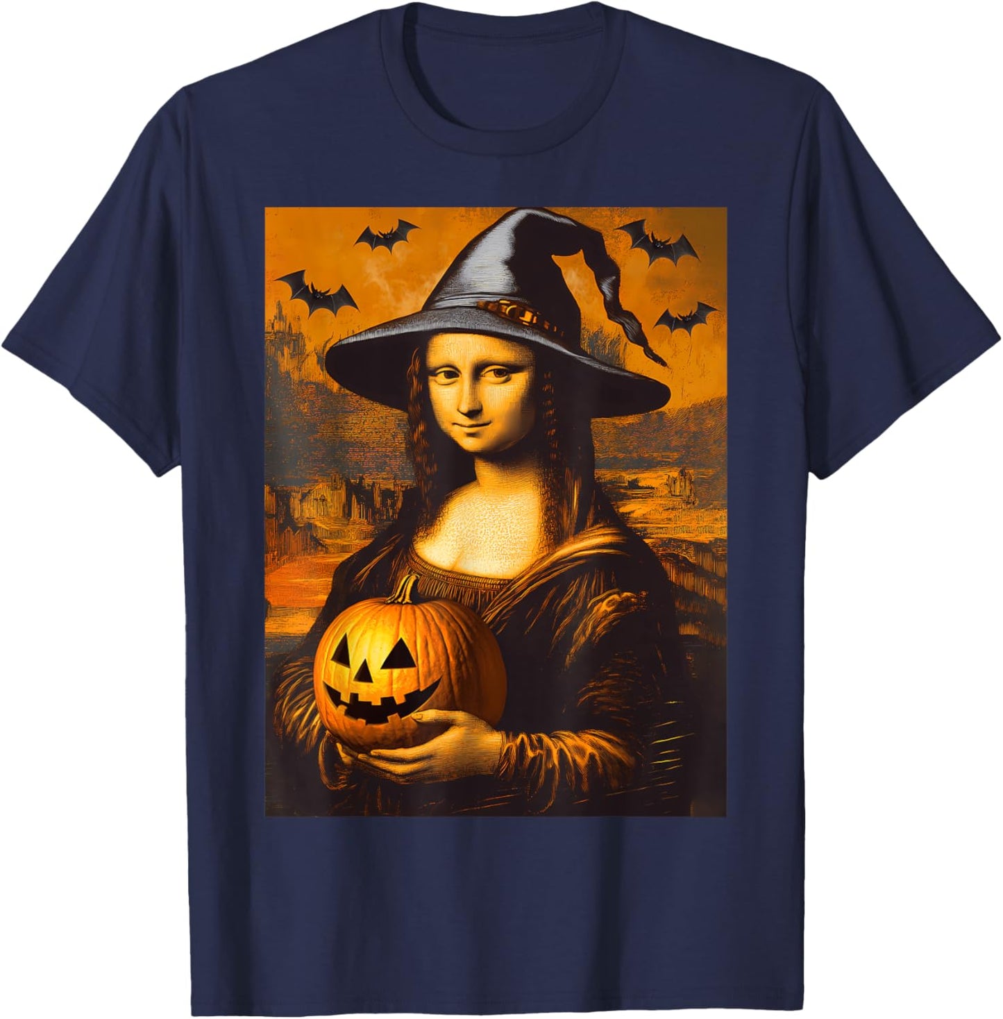 Scary Halloween Horror Mona Lisa Art Spooky Pumpkin Painting T-Shirt - T-Shirt | Navy
