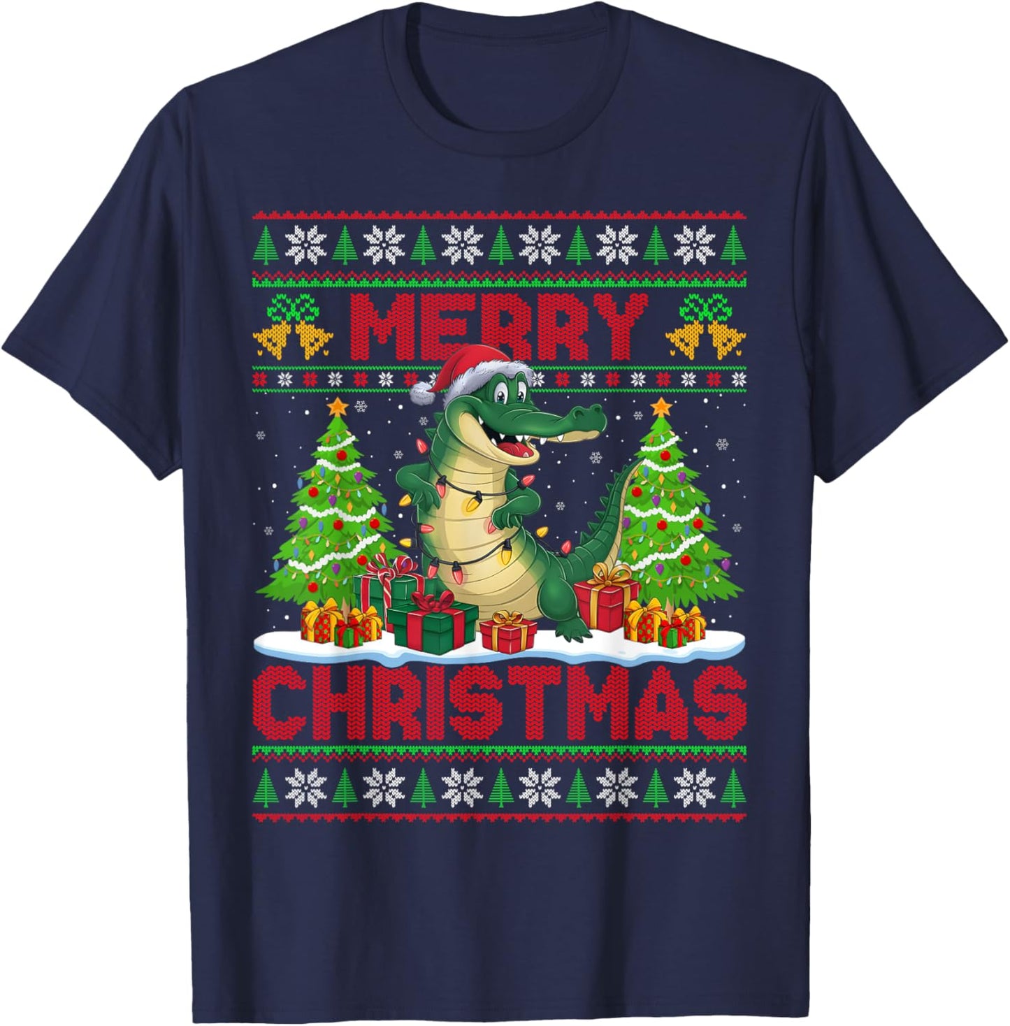 Xmas Tree Ugly Style Santa Hat Alligator Christmas T-Shirt - T-Shirt | Navy
