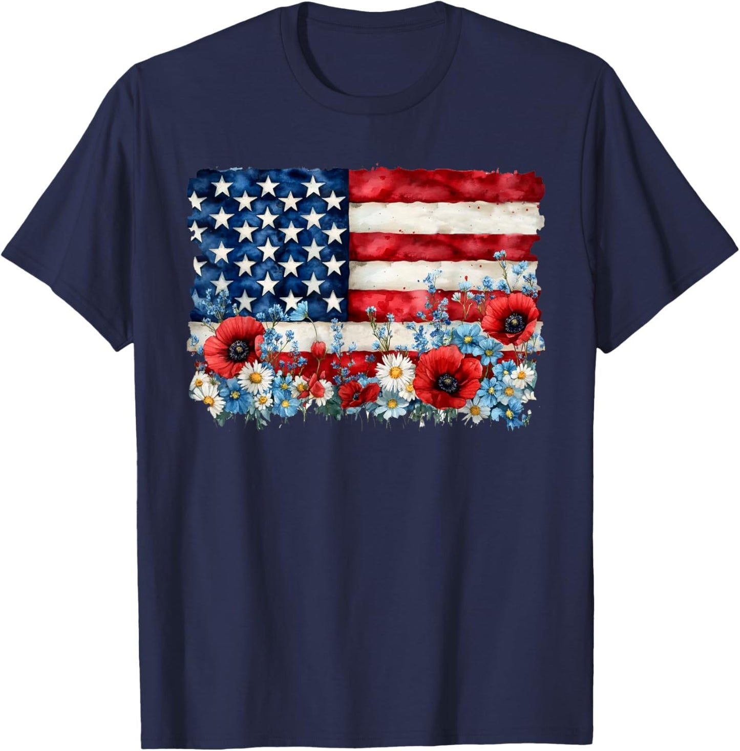 Retro Flower American Flag Women 4th Of July Patriotic T-Shirt - T-Shirt | Navy