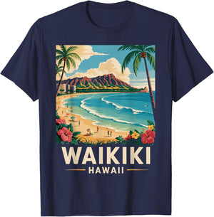 Tropical Waikiki Honolulu Hawaii Island Waikiki T-Shirt - T-Shirt | Navy