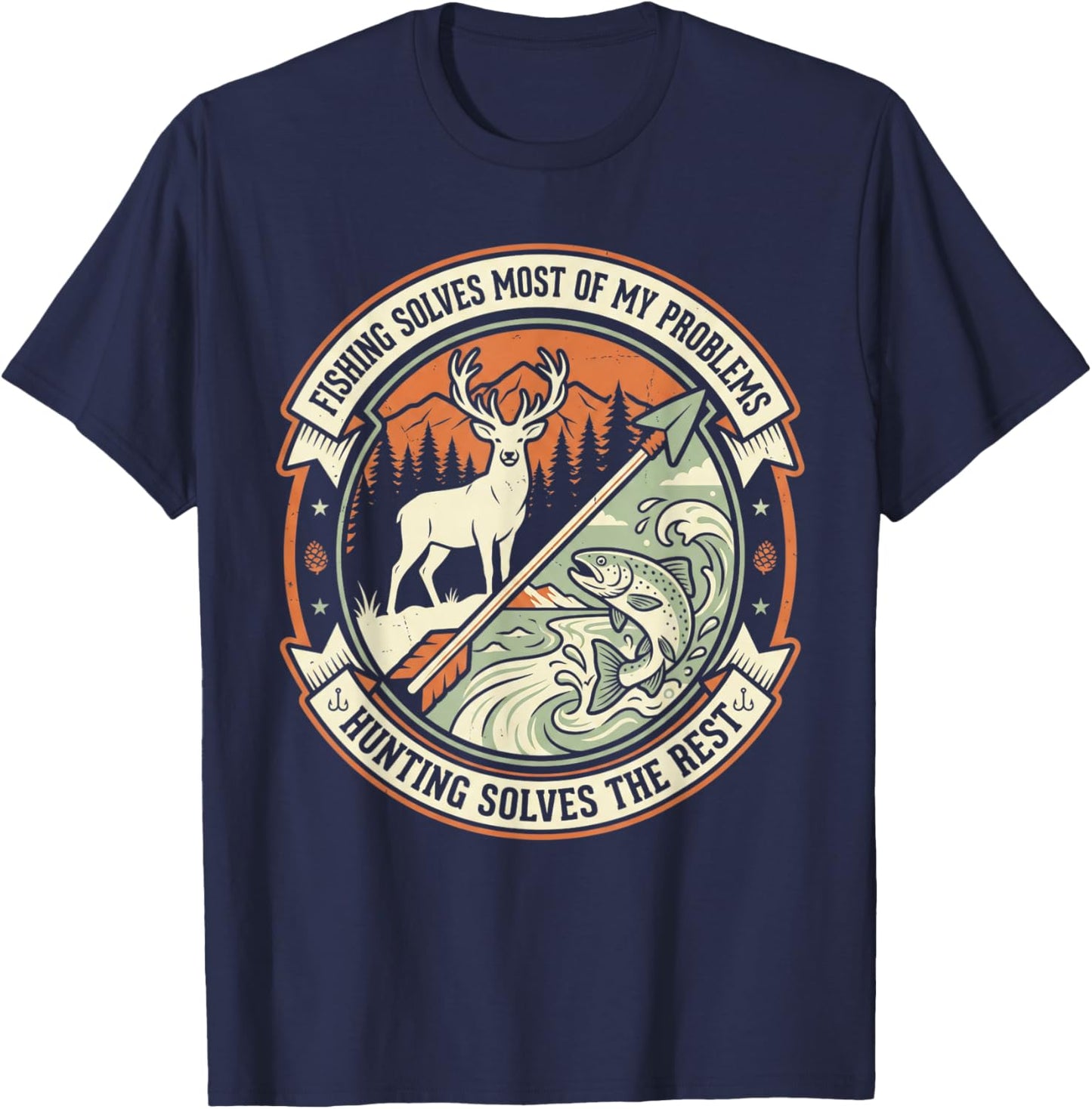 Funny Hunting Fishing Deer Buck Trout Vintage Outdoor Hobby T-Shirt - T-Shirt | Navy