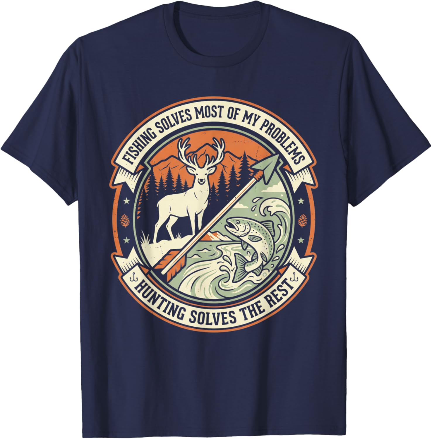 Funny Hunting Fishing Deer Buck Trout Vintage Outdoor Hobby T-Shirt - T-Shirt | Navy