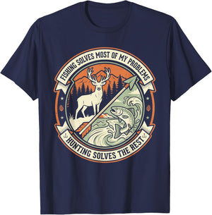 Funny Hunting Fishing Deer Buck Trout Vintage Outdoor Hobby T-Shirt - T-Shirt | Navy
