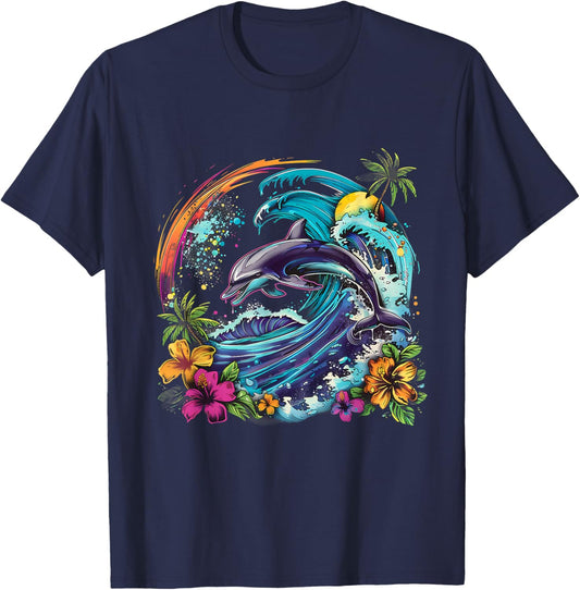 Sea Ocean Dolphin Motif Artwork Floral Sea Ocean Animal T-Shirt - T-Shirt | Navy