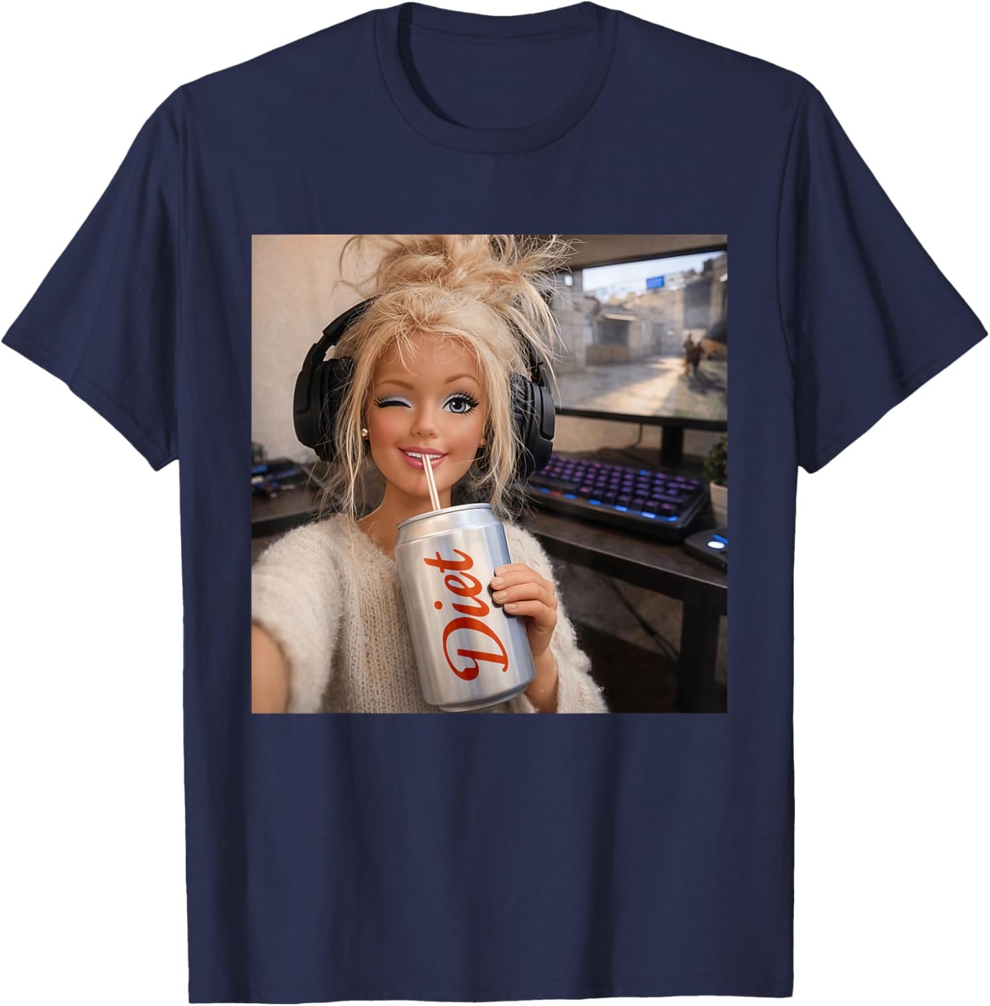 Doll Face Diet Soda Meme Funny Unhinged Doll Meme T-Shirt - T-Shirt | Navy